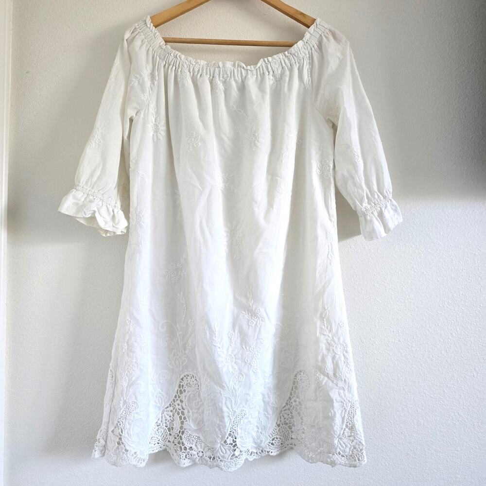 Abercrombie & Fitch Embroidered Lace Off Shoulder Dress White M Cottage Bridal